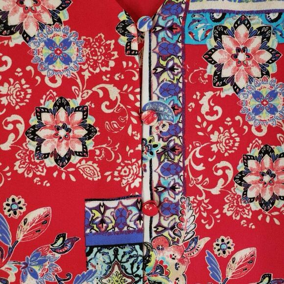 Chicos Shirt Top Size 3 US XL Patchwork Paisley Red Short Sleeve Blouse - Picture 4 of 9